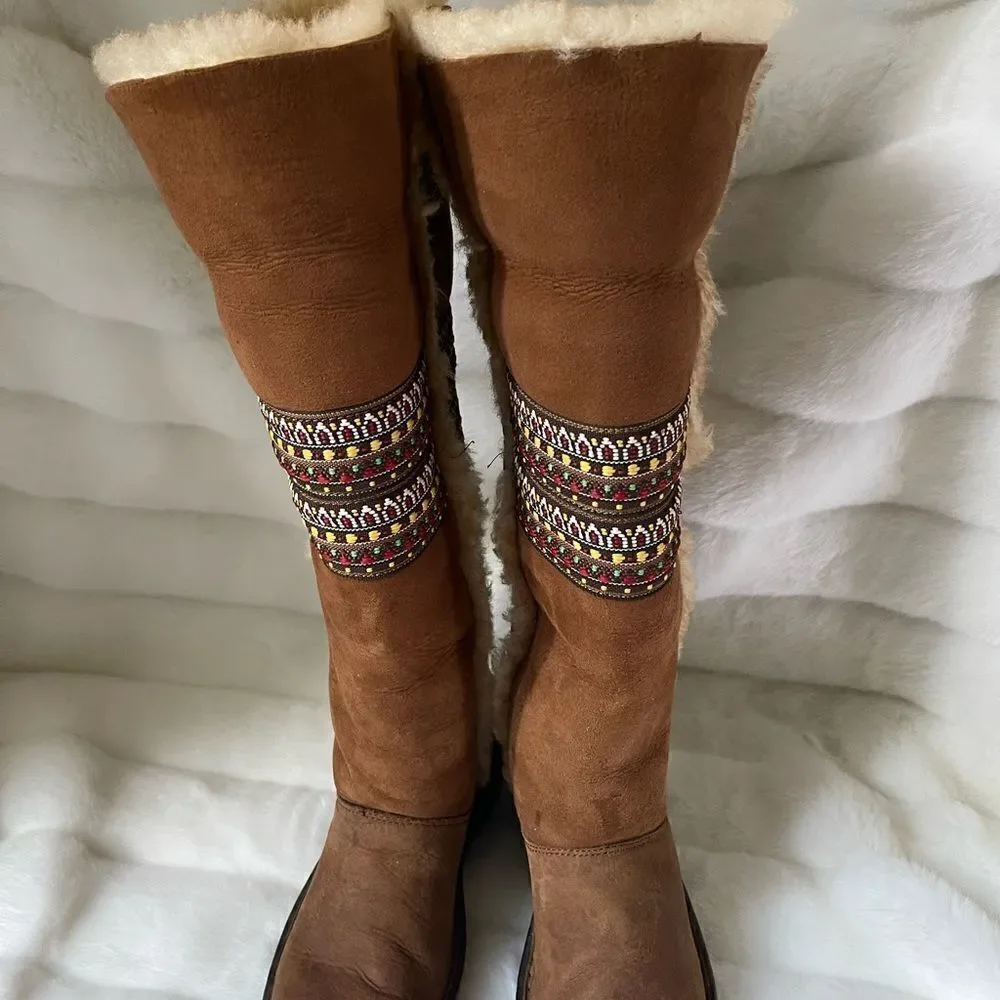 Born leather suede tan boots shearling fur lined multi color ribbon appliqué SZ6